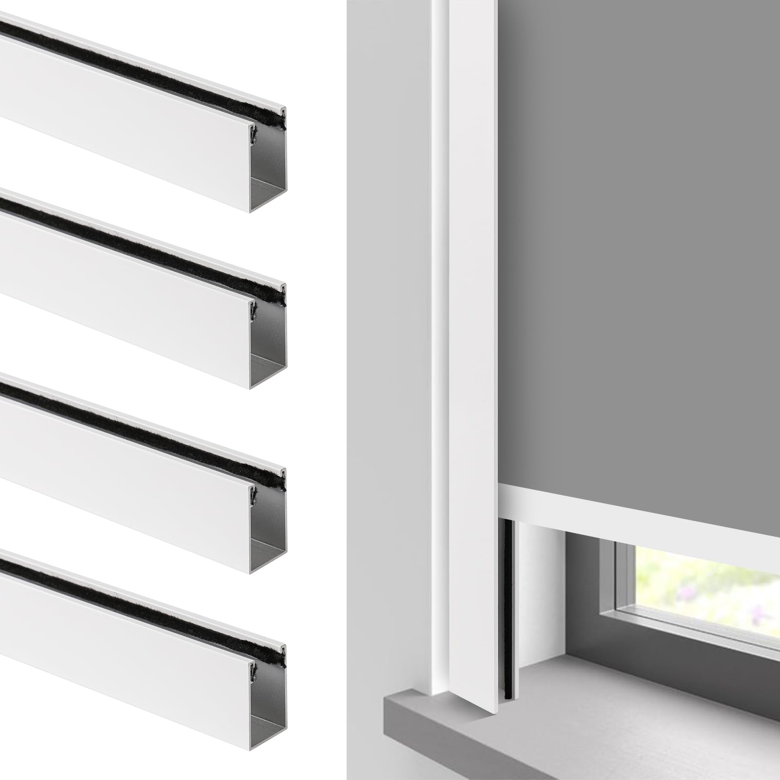 Photo 1 of 100% Blackout U-Channel Aluminum Light Blocking Strip for Window Shades Roller and Blinds Both Sides Tracks for Blackout Shades Easy to Install Great for Bedroom Nursery (White-4pcs, 58.5")