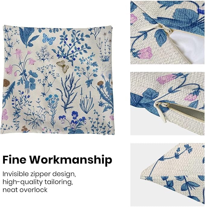 Image of AEIOAE Summer Pillow Covers 22x22 Inch Set of 2,Blue Wild Flower Plant Throw Pillows Case,Seasonal Floral Outdoor Decorative Square Linen Farmhouse Decor Cushion Covers for Home Sofa Bed Couch