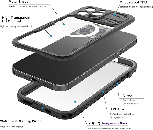 Miniatura 7 de Funda impermeable compatible con iPhone 14 Pro Max de 6.7 pulgadas, para MagSafe, protector de pantalla de vidrio transparente, protector de