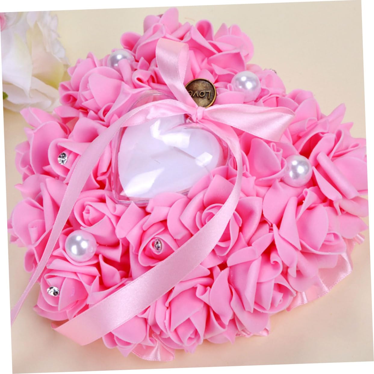 CIMAXIC Flower Bud Heart Shape Ring Pillow Pearl Bride Ring Pillow for Wedding