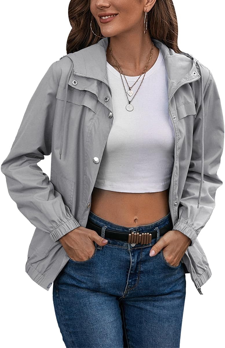 Women's Waterproof Lightweight Rain Jacket Outdoor Packable Hooded Windbreaker with Pockets