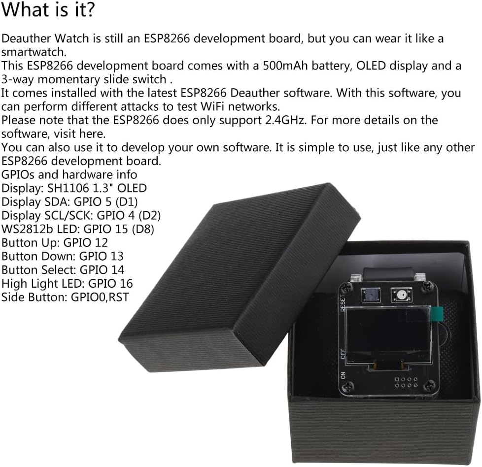 Kalttoy ESP8266 Deauther WiFi Watch with text overlay explaining features and GPIOs