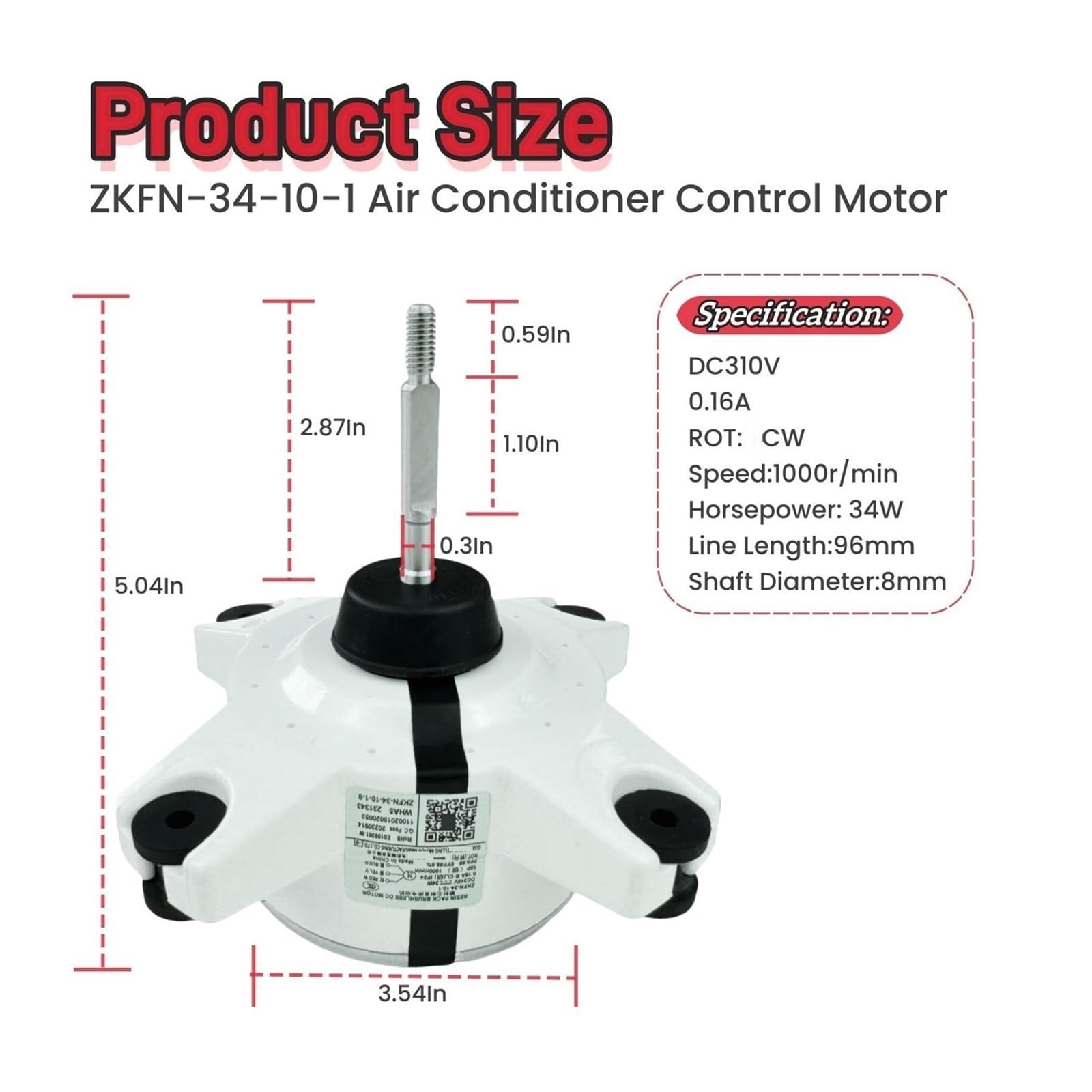 ZKFN-34-10-1 Motor de control de aire acondicionado Motor de CC sin escobillas DC310V 34W 0.16A 1000r/min, Piezas de ventilador externo de frecuencia variable, Conector: 3 cables, Rot: CW