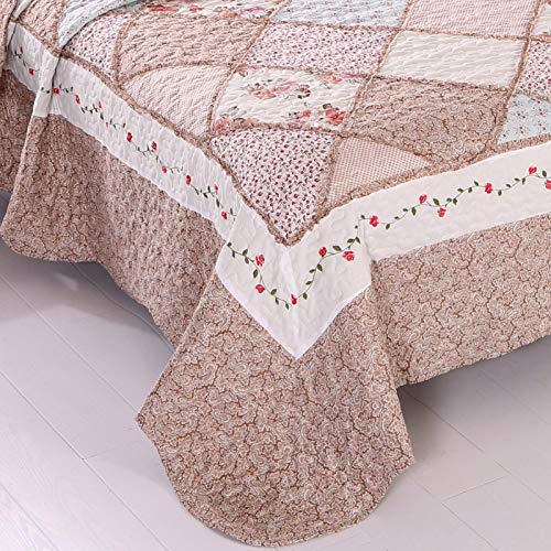 Vivilinen Patchwork Quilt Set Full Queen Size 3-Piece Pink Floral Reversible Quilted Bedspread Coverlet Set Lightweight Stitched Comforter Bedding Set Bed Sheet Set Cover Blanket With 2 Pillow Shams #TOP4