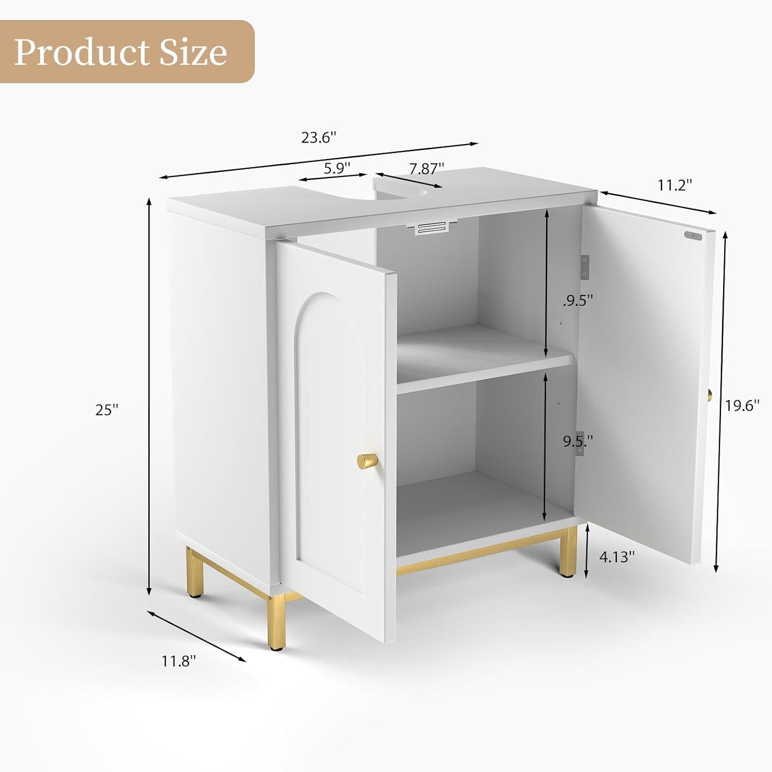 Under Sink Storage Cabinet for Pedestal Sink with U Shaped Cutout, Bathroom Vanity Organizer with Double Doors and Adjustable Shelf, 24 Inch Wide, White Finish