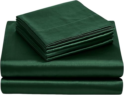 Miniatura 7 de TREELY Sábanas de satén tamaño Queen  Juego de sábanas de satén suave de 6 piezas de color verde negruzco con bolsillo profundo, 1 sábana bajera + 1
