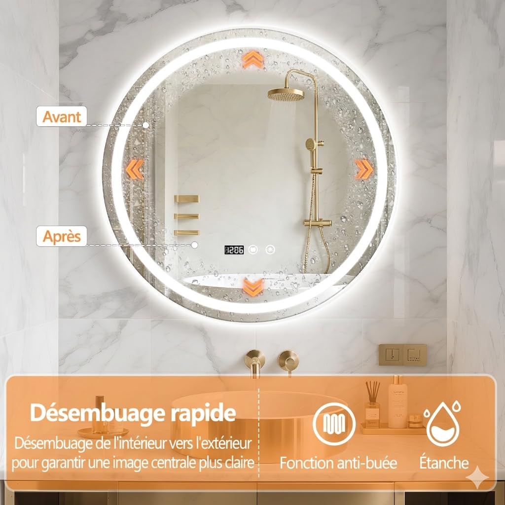Miroir Salle de Bain Rond LED 60 cm - Anti-Buée, Interrupteur Tactile, Affichage Heure et Température - Miroir Mural Lumineux en Verre Trempé pour Maquillage et Vasque