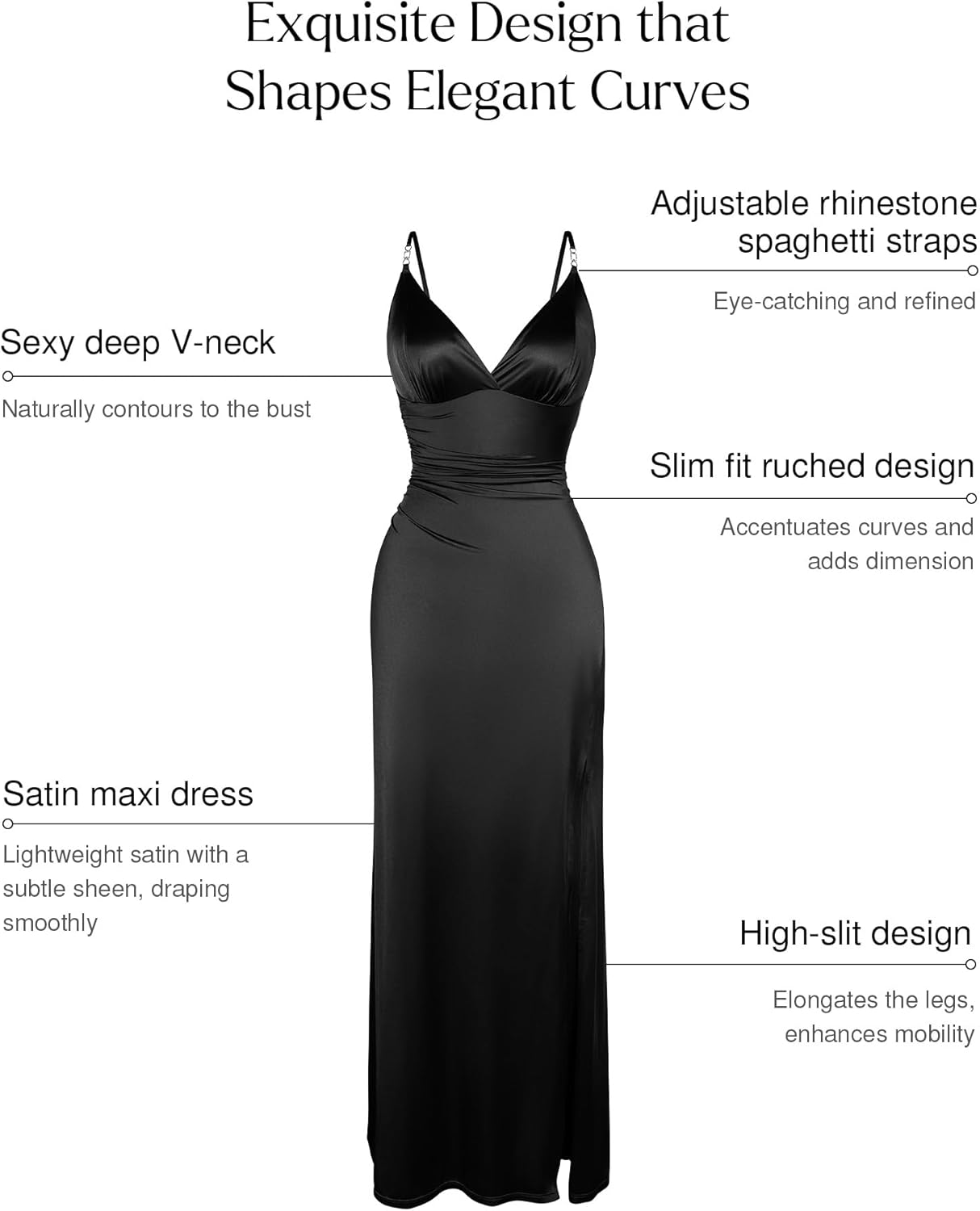 Popilush Women's Sexy Maxi Dress Deep V Neck Ruched Shapewear Dresses Side Slit Formal Cocktail Party Dress - Image 3