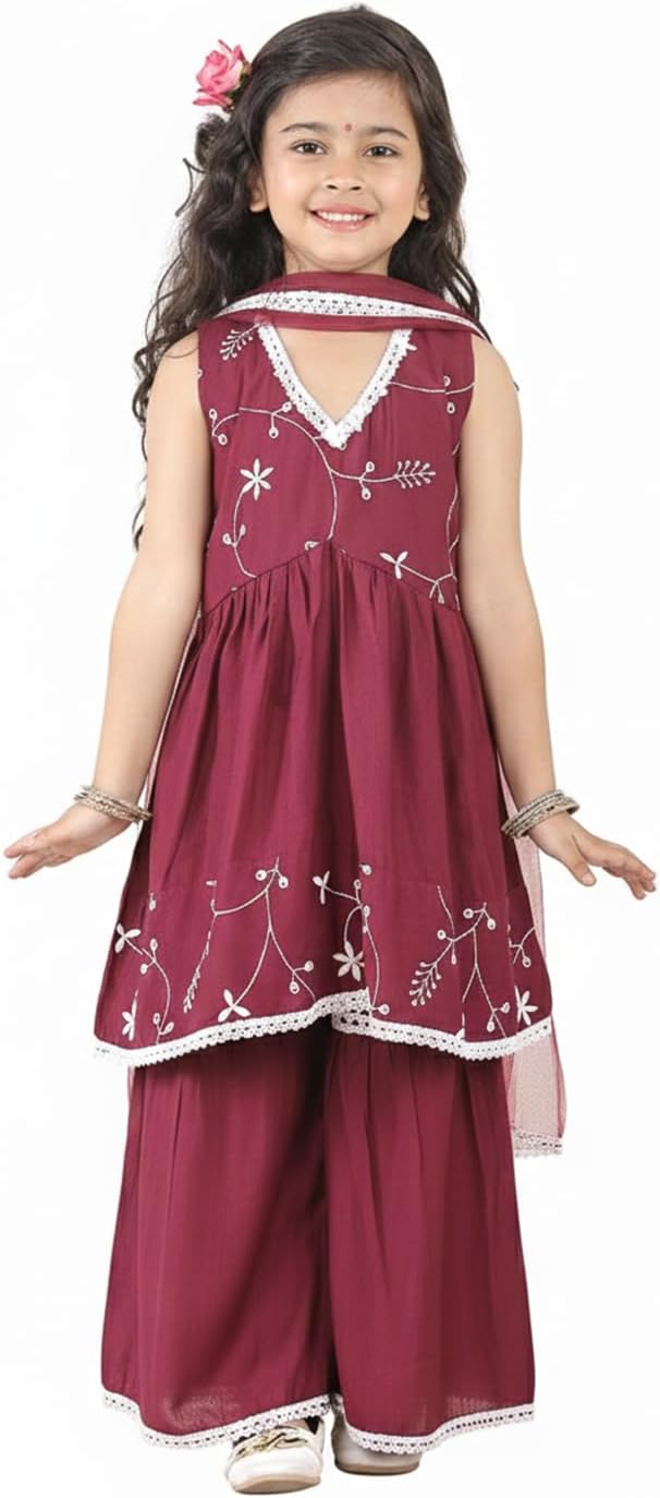 Superminis Girls Silk Blend Embroidery Work Sleeveless Flared Kurti Sharara With Dupatta Set