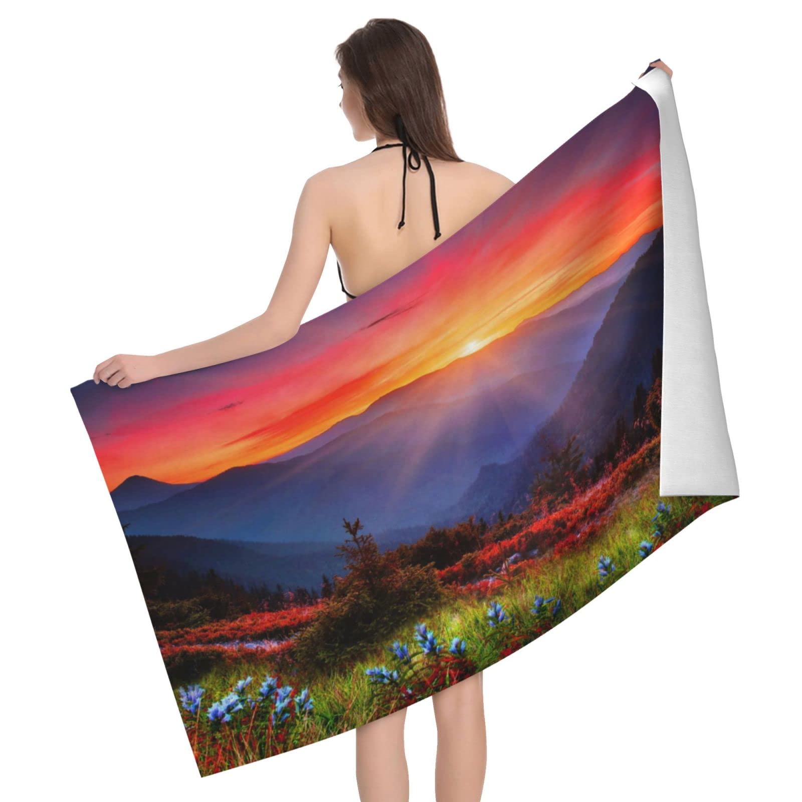 Lawenp Sunset and Mountains Beach Towel, Lightweight Sand Free Quick Dry Microfiber Absorbent Bath Towel for Kids, Adults, Swimming, Bath, Yoga, Pool, Travel, Camping 32"X52"