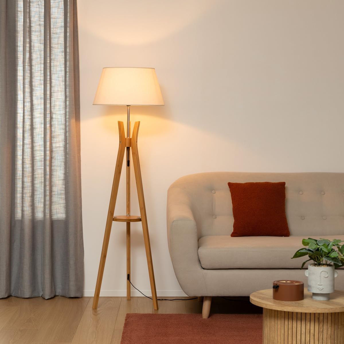 Atmosphera - Lámpara de pie trípode 'Kalo' - bambú y blanco A. 156 cm