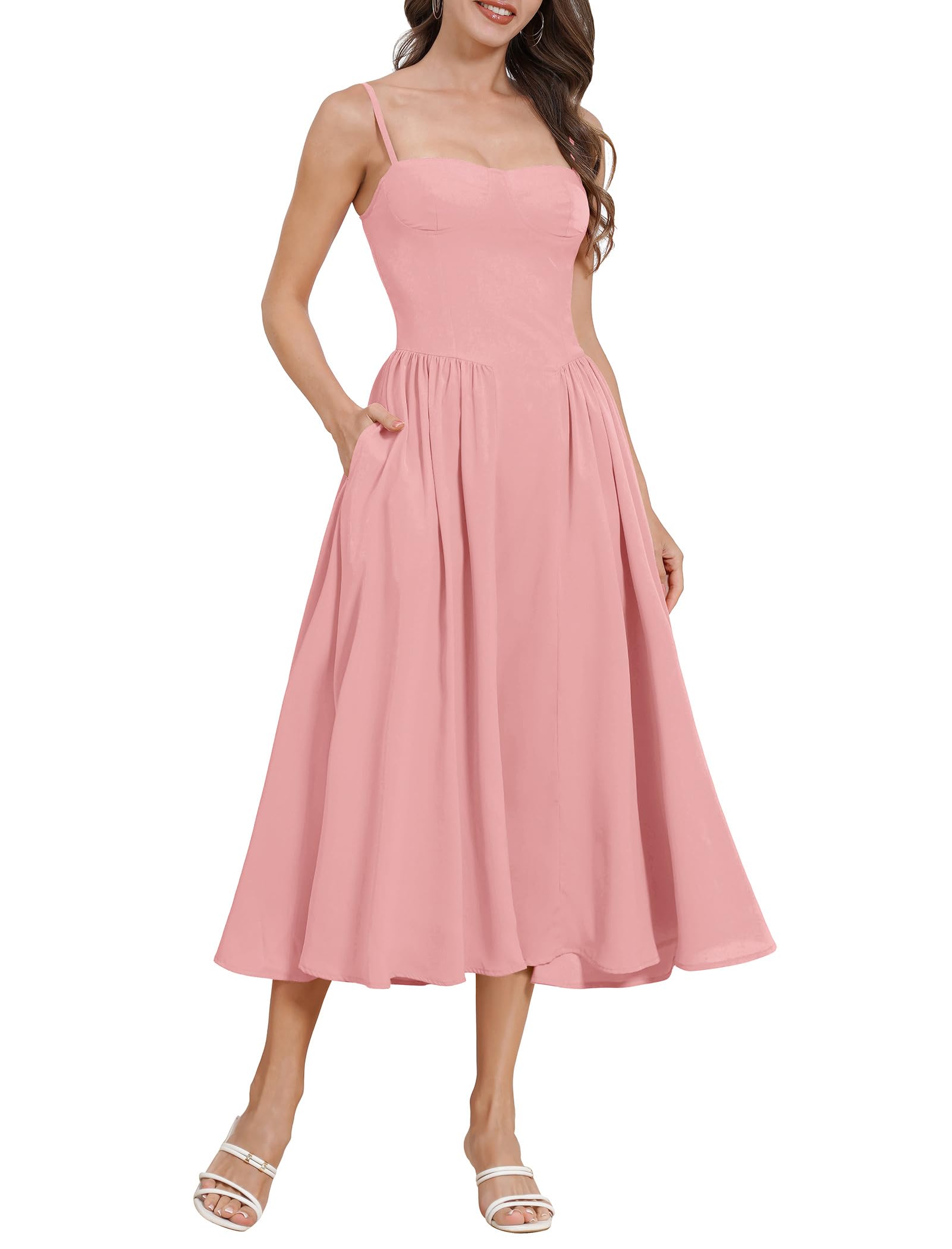 OMEWEE Sommerkleid Damen Sexy Ärmellos Spaghettiträger Freizeitkleid Böhmisch Maxikleid A-Linie Strandkleider mit Tasche