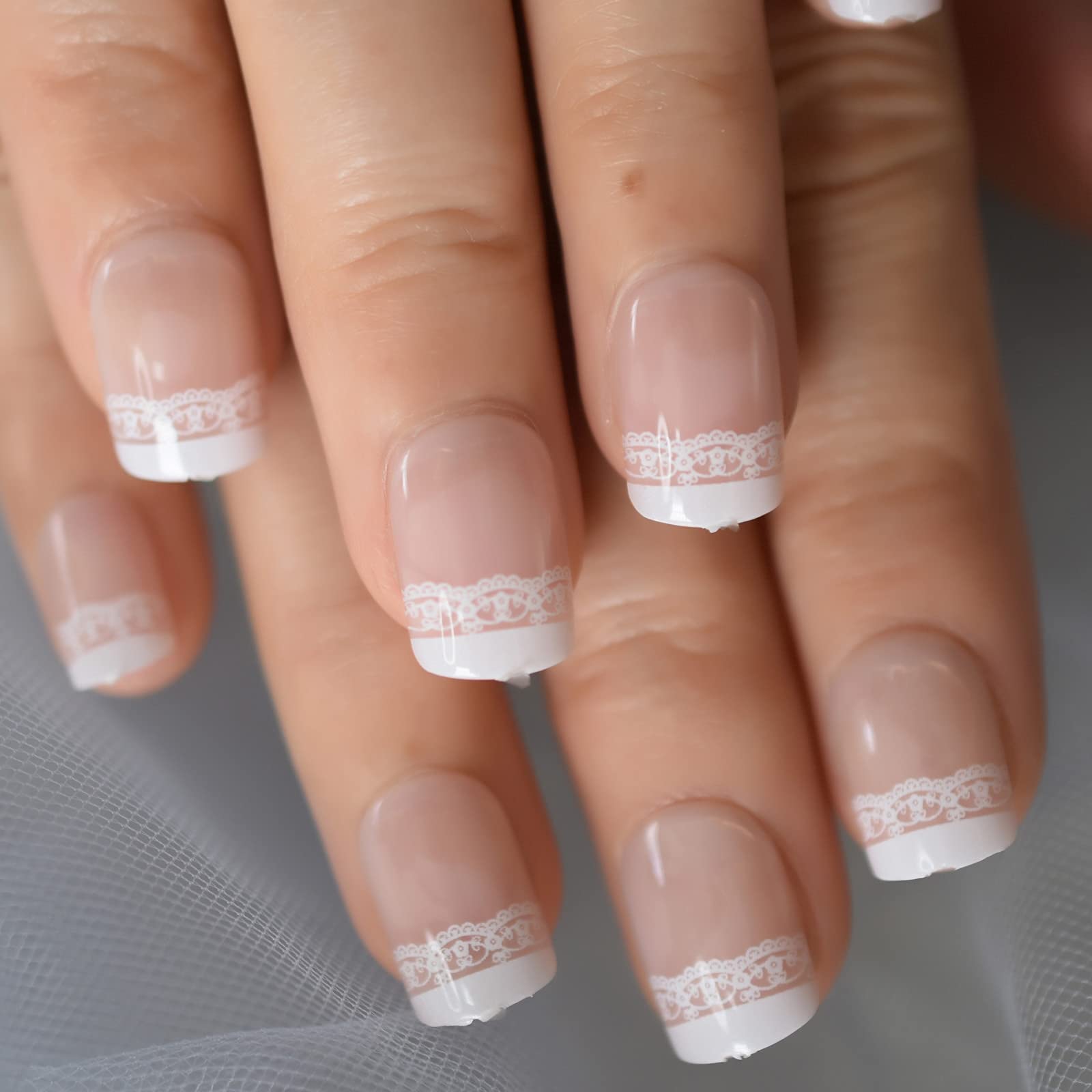 Amazon.com: iMABC Nude White Press On Nails Short Square Squoval Acrylic  Fake Nails With Designs Cute Flowers Sexy Lace False Artificial Nail Tips  Full Cover French Manicure Set : Everything Else