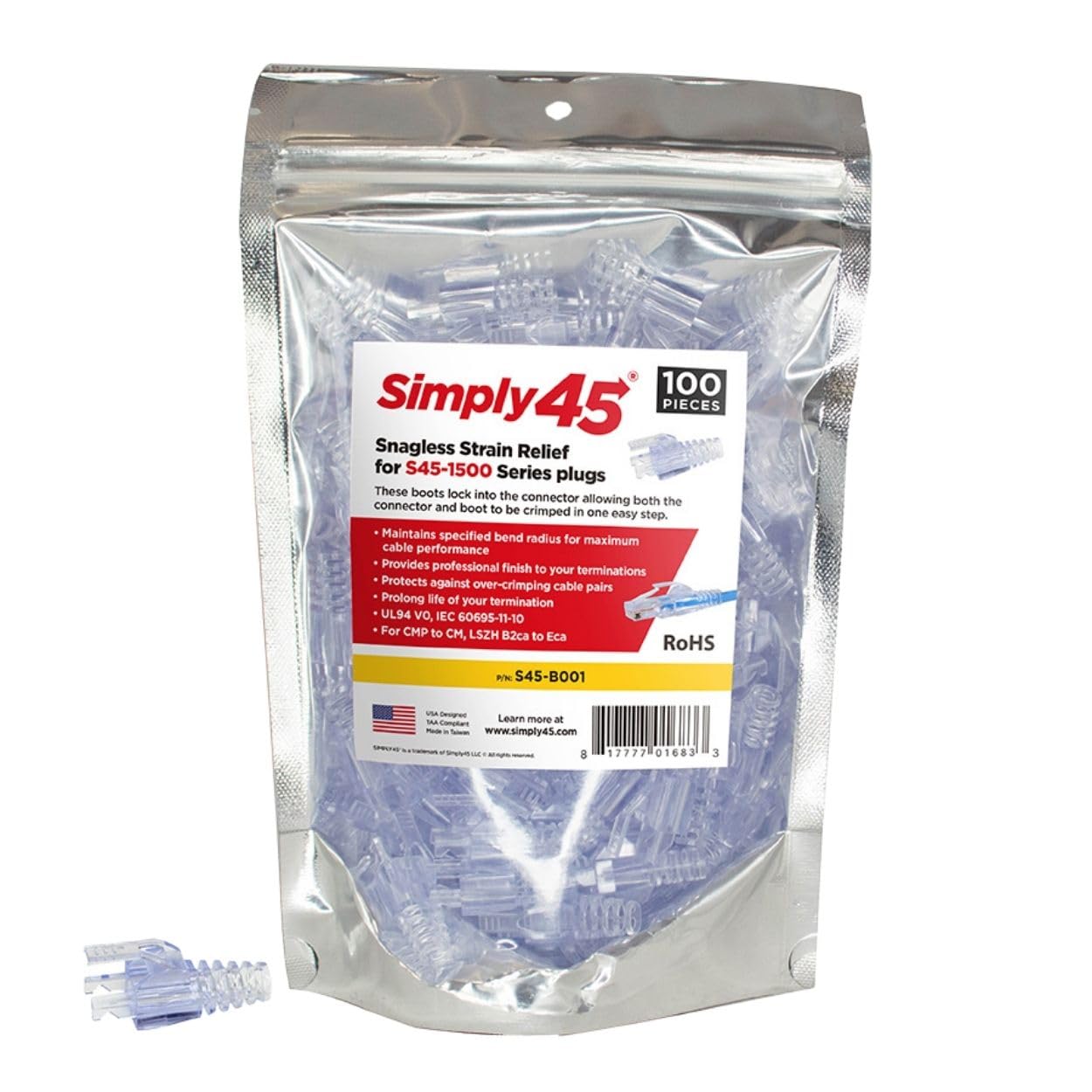 Simply45 UTP Integrated Snagless Strain Reliefs for Simply45 Pass-Through, PROSeries & Standard RJ45 - Pack of 100 Pieces, Resealable Bag - S45-B002