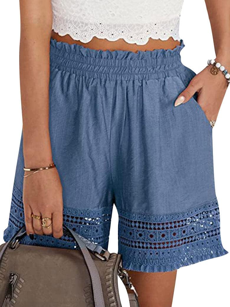 Women's Casual Elastic Waist Lounge Shorts Comfy Stretch Lace Trim Summer Beach Linen Ruffle Shorts