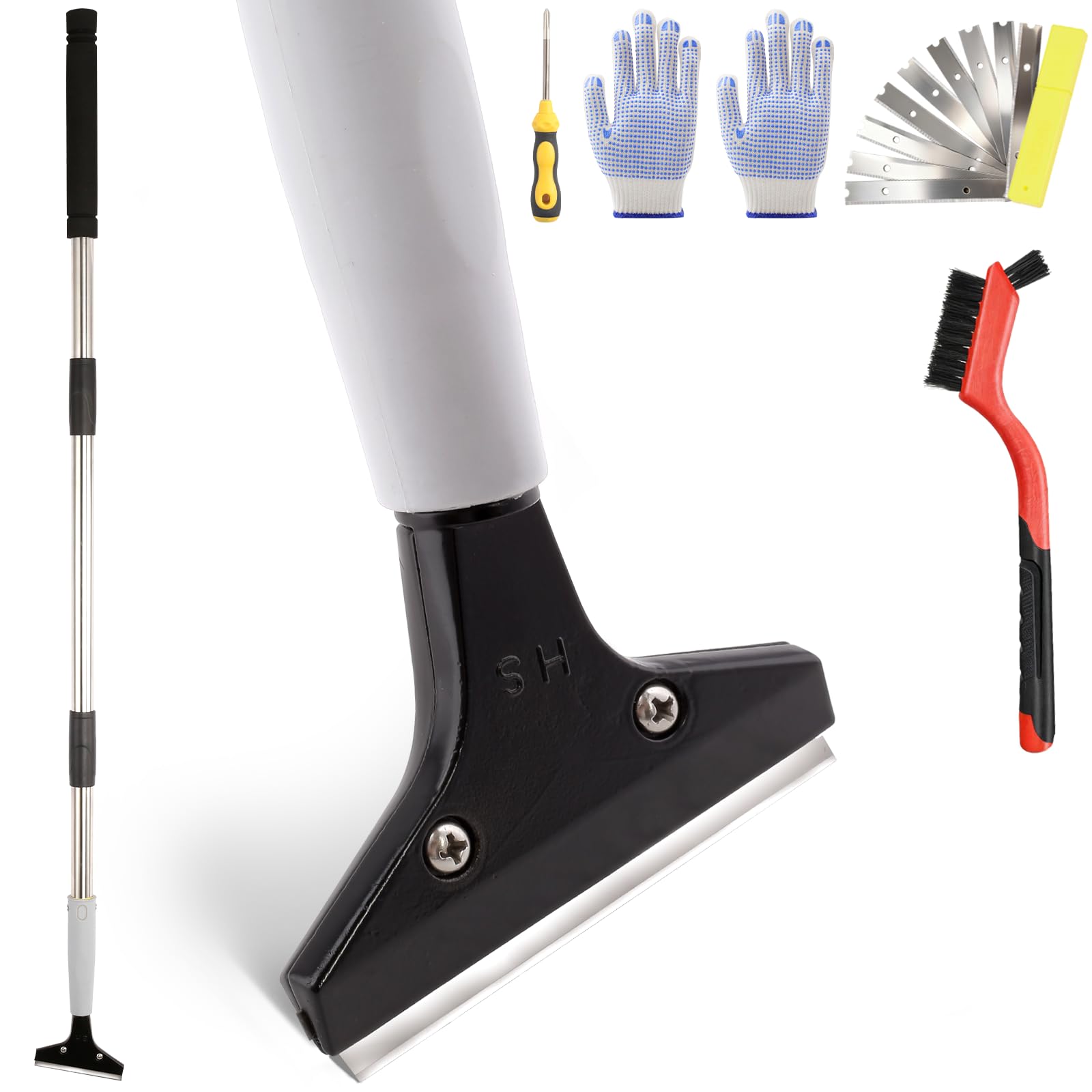 4"Razor Blade Floor Scraper with Long Handle,61in Adjustable Floor Scraper Heavy Duty with 10PCS Extra Metal Blades Paint Scraper for Cleaning Stickers Gum Glass Wall Tile Linoleum Stove Top