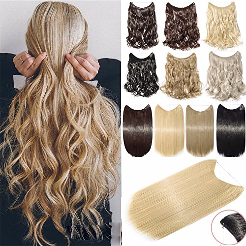 Hair Extensions 20" 90G Invisible Wire No Clips in Full Head Hair Extension Secret Rubber Band Hairpieces Real Natural Human Made Synthetic Hair for Women 24/613(curly)