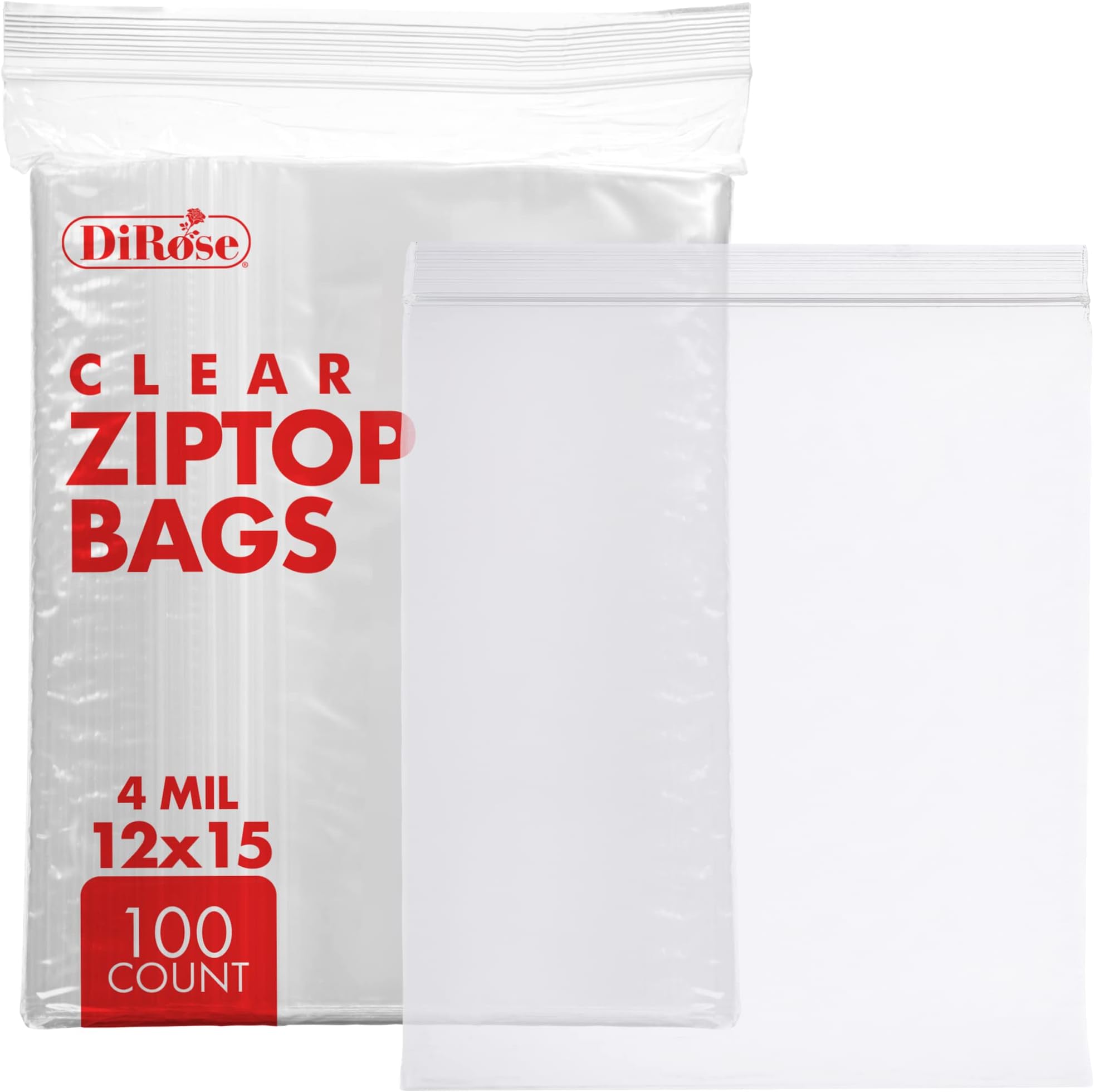 Dirose Reclosable Poly Zip Top Bags 12" x 15" (100 Count
