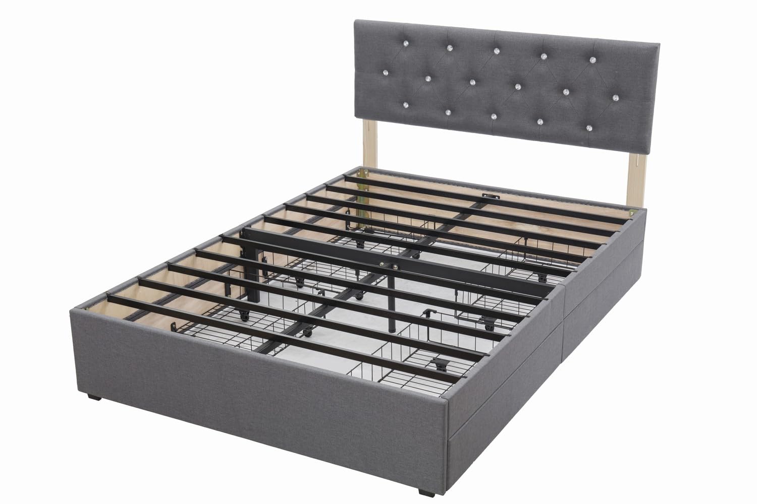 Panana Bed Frame Upholstered Platform with 4 Storage Drawers and Adjustable Headboard, Sturdy Metal Slats Support, No Box Spring Needed, Easy Assembly (Headboard with Crystals, 4FT6 Double)
