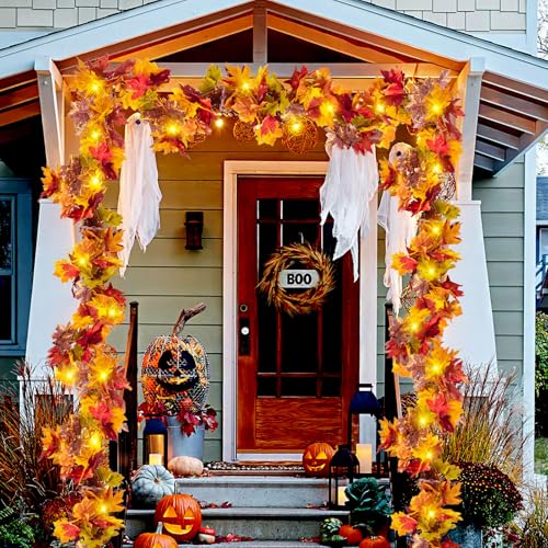 Image of Fall Maple Leaf Garland with Yellow Lights, 2PCS Thanksgiving Artificial Hanging Fall Leave Vines with 20 LED, Yellow Floral Garlands Halloween Autumn Decor for Home Wedding Party (11.8FT)