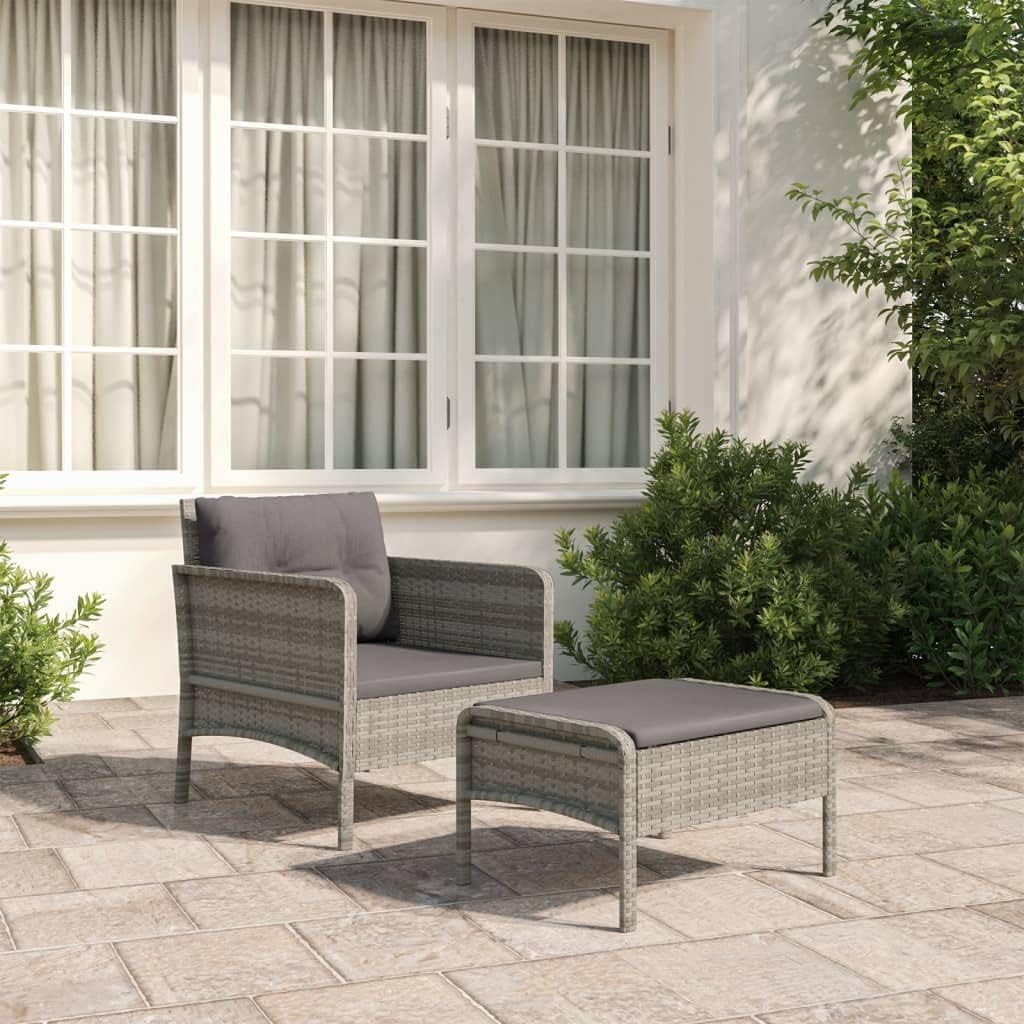 vidaXL Outdoor Lounge Set – Gray Poly Rattan Patio Furniture with Chair and Stool - Dark Gray Removable Cushion - Metal Frame - Industrial Style Home & Garden Decor