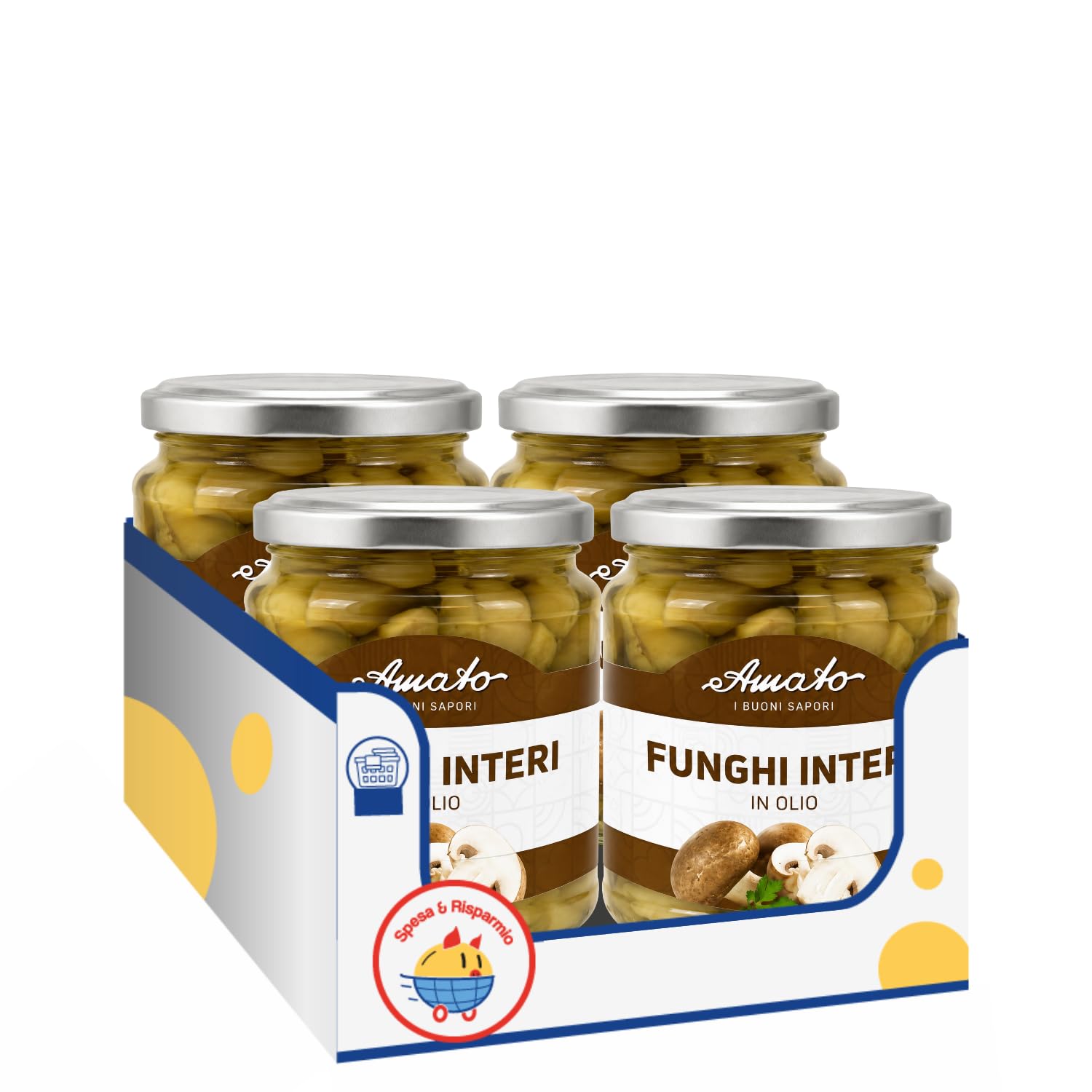 Amato Funghi Interi in Olio di Girasole 314 ml, Funghi Champignon Interi Conservati in Olio, Ideali per Pizza, Insalate, Antipasti, Contorni e Ricette, Confezione Multipla da 4/8/12 Pezzi (12 PEZZI)