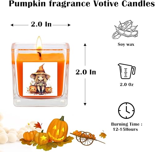 Miniatura 6 de Paquete de 20 velas votivas naranjas en tarro de vidrio cuadrado transparente, velas perfumadas de calabaza, 10 horas de tiempo de combustión,