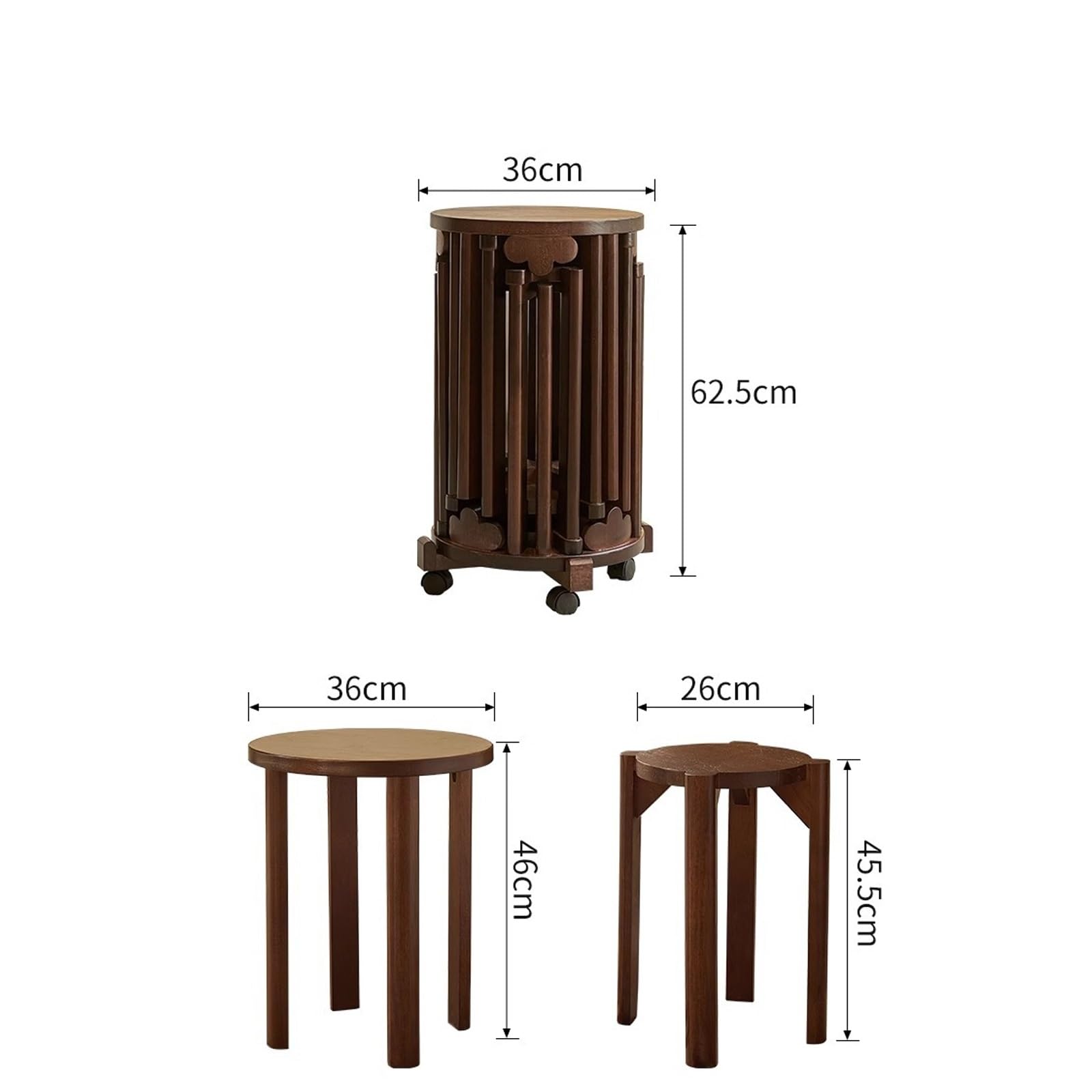 Juego de 6 Taburetes Apilables de Madera con Ruedas Silenciosas de 360° for Comedor, Dormitorio, Sala de Estar, Sofá y Mesa Auxiliar.