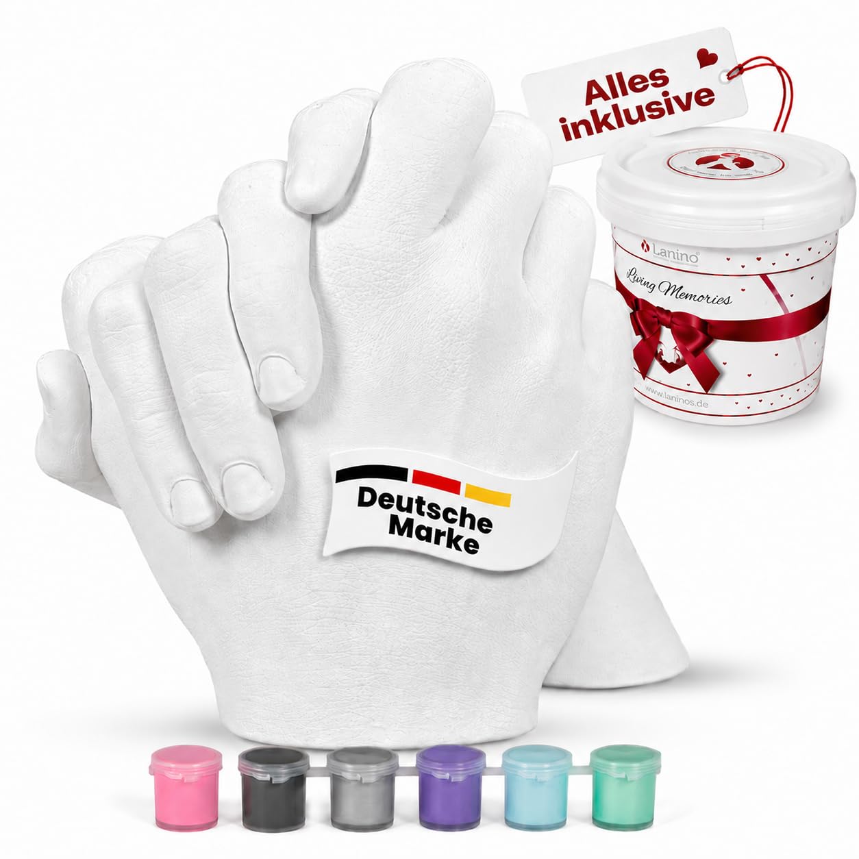 LANINO Gipsabdruck Set für Paare - XXL Handabdruck Set [7 Farben,4L Eimer + Gips zum Gießen] Formstabile Abdruckmasse + 50% mehr Alginat, Hand-Abdruck-Kit, Super Geschenkidee,Muttertag,Familie,Paar