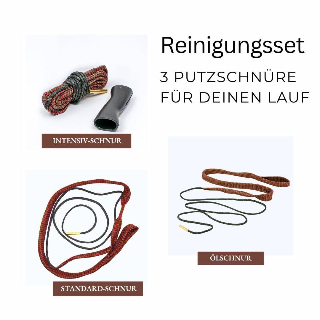 Laufreinigungsschnur-Set alle Kaliber 17-223-5,56mm-243-6mm-264-6,5mm-270-7mm-7,62mm-308-30-06-8mm-9mm-9,3mm-338-458 (Öl-Schnur, Standard-Schnur & Premium Schnur - Doppelbürste + Griff)