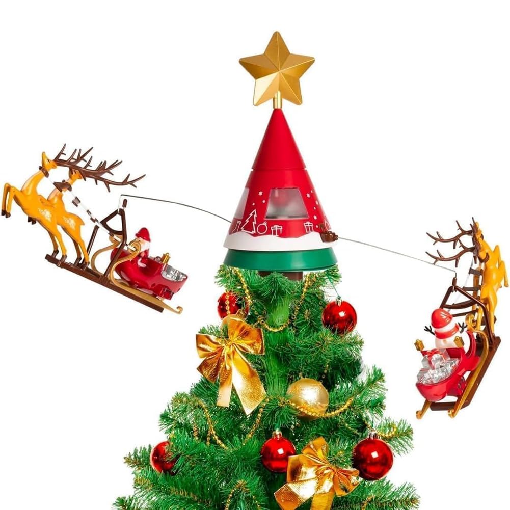 BAKAJI Embout Rotatif avec traîneaux de père Noël et Rennes, décoration de Sapin Lumineux avec lumières LED Blanc Chaud, décorations de Noël Musicales pivotantes avec Fixation USB