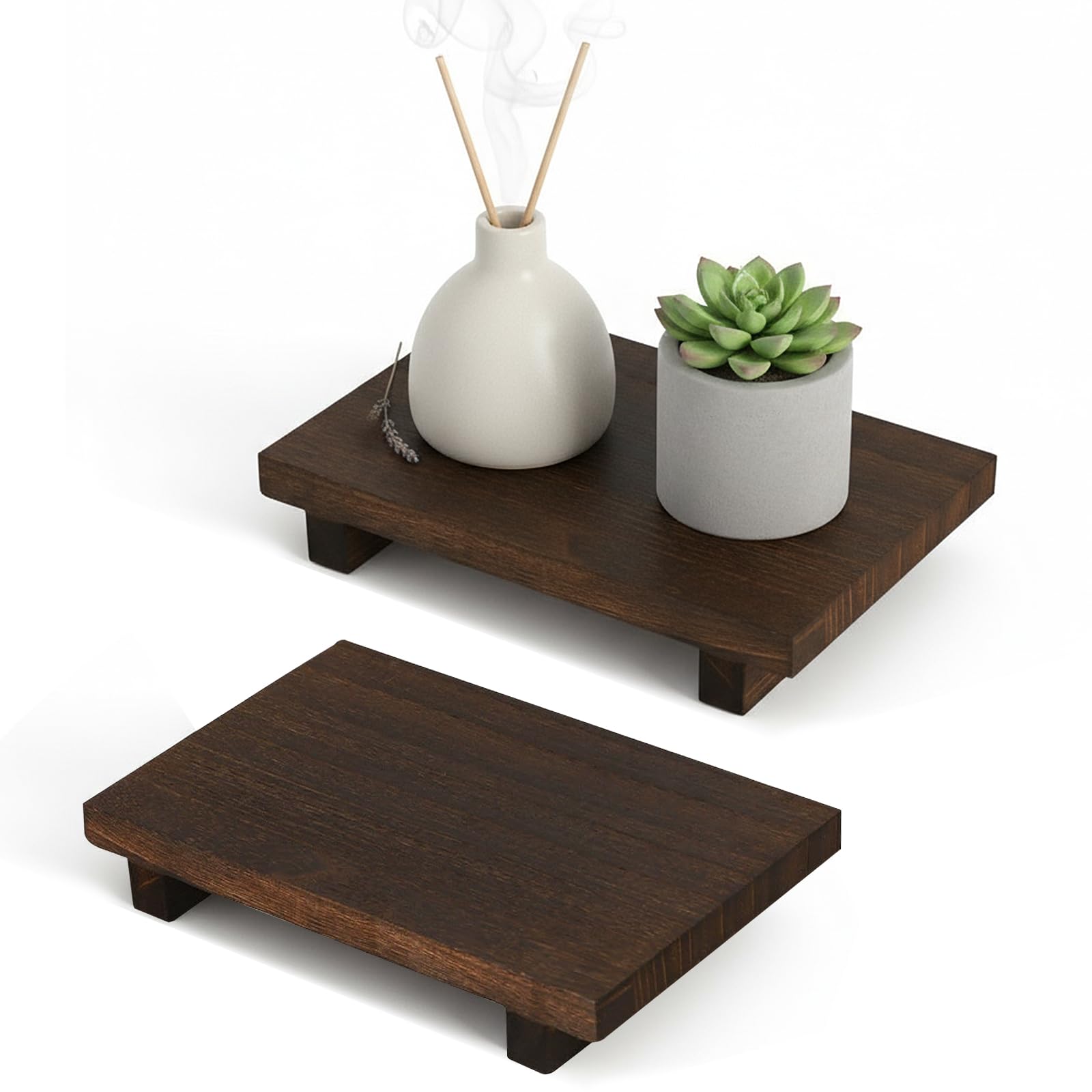 Xmdrou Brown 2Pcs Wooden Riser Display Tray, 23X15x3.9cm Small Wooden Tray Wood Pedestal Stand Rectangular Wood Riser Stand Holder Soap Dispenser Trays For Wedding Kitchen Counter Party Decoration (Brown)