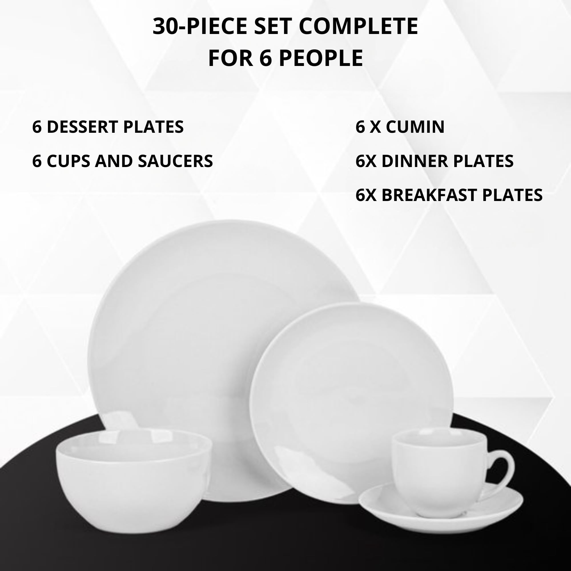 Bayt Service de Table 30 Pièces - Porcelaine Premium - Set pour 6 Personnes - Assiettes Plates, Creuses & à Dessert - Design Blanc Moderne - Résistant au Lave-Vaisselle et Micro-Ondes