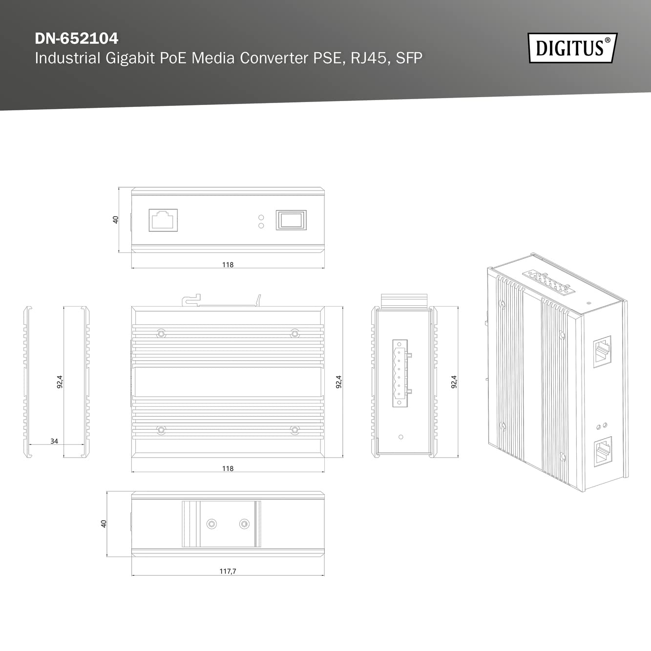 DIGITUS Convertisseur de média DIN-Rail - Port SFP - Ethernet Gbit - RJ45 / SFP 1000Base-X - Avec injecteur PoE - Noir