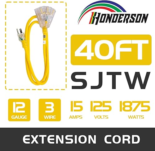 Miniatura 2 de Cable de extensión iluminado para exteriores de 40 pies con 3 tomas de corriente, cable de extensión amarillo resistente SJTW 123 con enchufe a