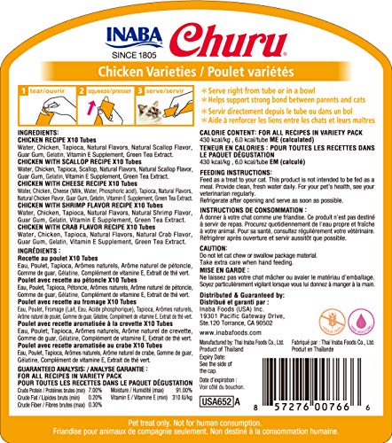 Inaba Churu Cat Treats, Grain-Free, Lickable, Squeezable Creamy Purée Cat Treat/Topper With Vitamin E & Taurine, 0.5 Ounces Each Tube, 50 Tubes, Chicken Variety #TOP1