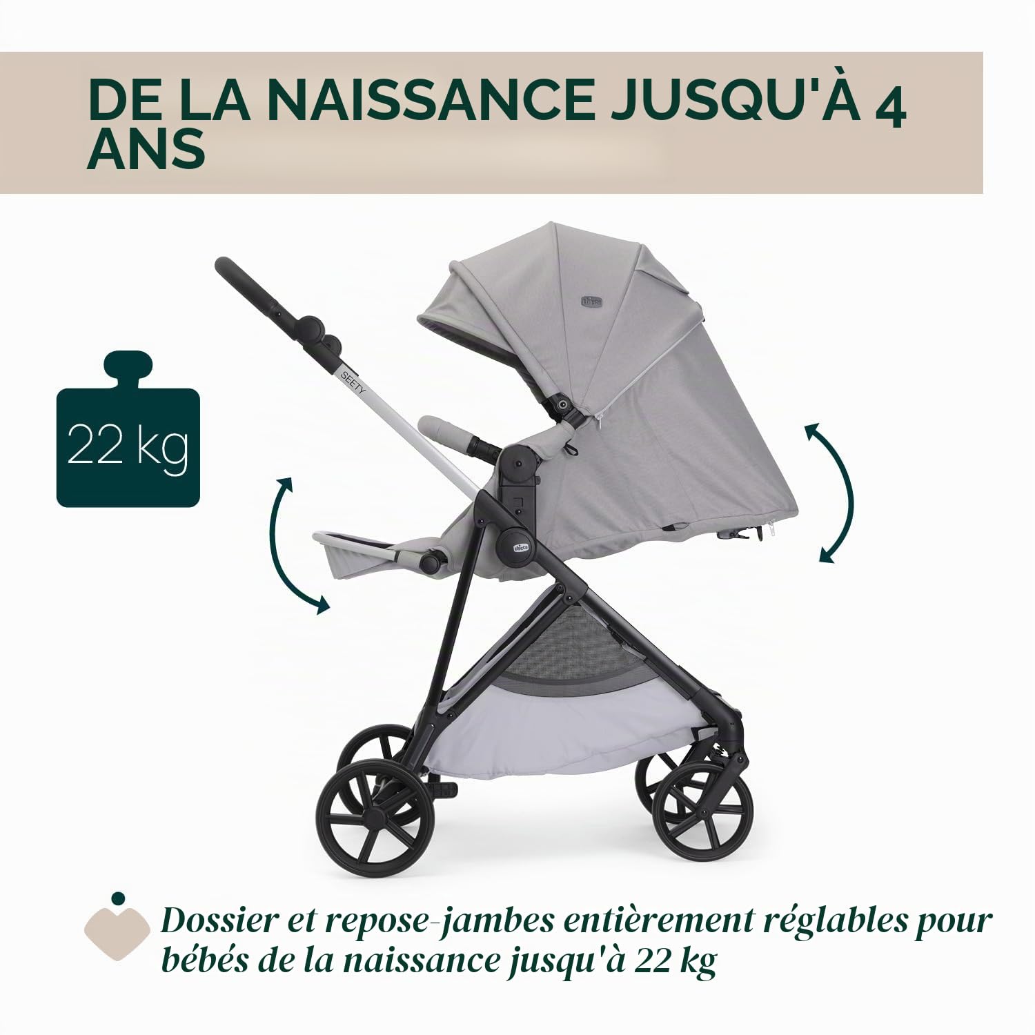Chicco Poussette Seety, Poussette Légère et Compacte de 0 Mois à 4 Ans, Charge Max 22kg, Poussette Pliable, Dossier Réglable, Fermeture Automatique en 1 Geste, Capote Pare-soleil et Habillage Pluie