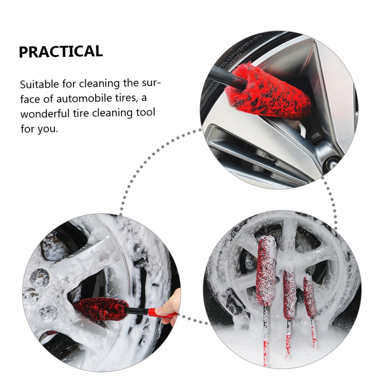 SHERCHPRY Set 3 Pezzi Spazzole per Pulizia Pneumatici Auto Manico Ergonomico in Fibra e Pom, Strumento Facile da Conservare per Cura e Detersione Ruote