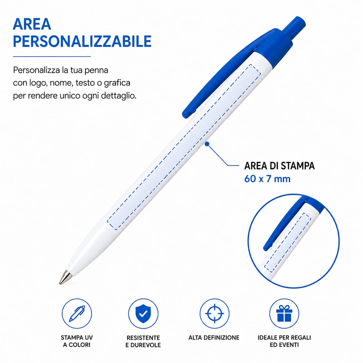 Penna Personalizzata con Logo, Nome o Testo | Penna a Sfera Personalizzabile con Stampa UV a Colori | Gadget Aziendale per Ufficio, Eventi, Fiere, Scuole e Regali Personalizzati (1000, Blu)