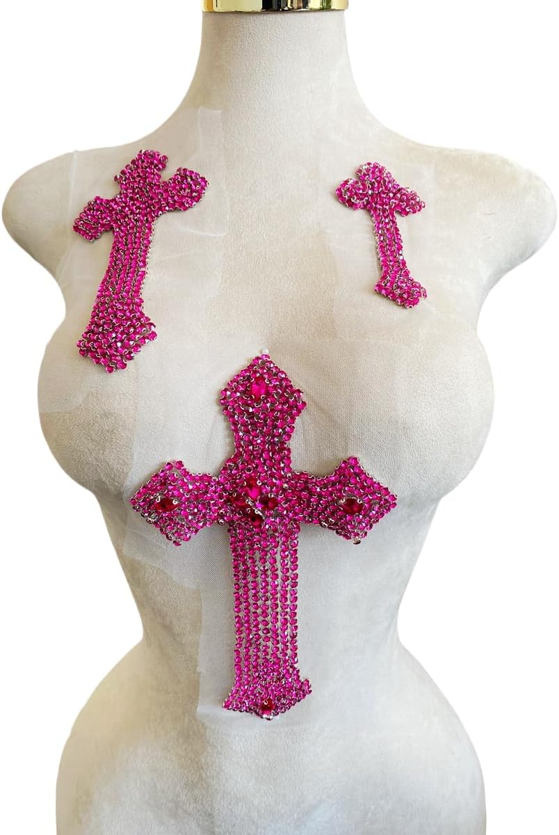 3PCS Pure Handsewing Rhinestones Applique Multicolor Cross Patch DIY Craft Accessories for Dress Jackets Jeans Backpacks Hats Clothing Decoration (Black)