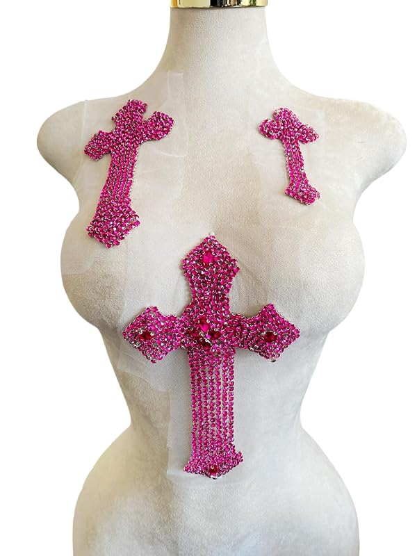 MOPISVN 3PCS Pure Handsewing Rhinestones Applique Multicolor Cross Patch DIY Craft Accessories for Dress Jackets Jeans Backpacks Hats Clothing Decoration (Rose red) by MOPISVN - Used condition - US$6.40