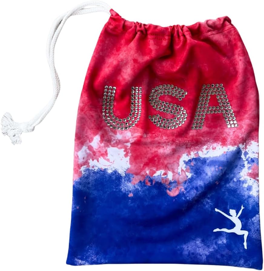 GymnasticsHQ Gymnastics Grip Bag for Girls Rhinestone USA Red, White and Blue Tie
