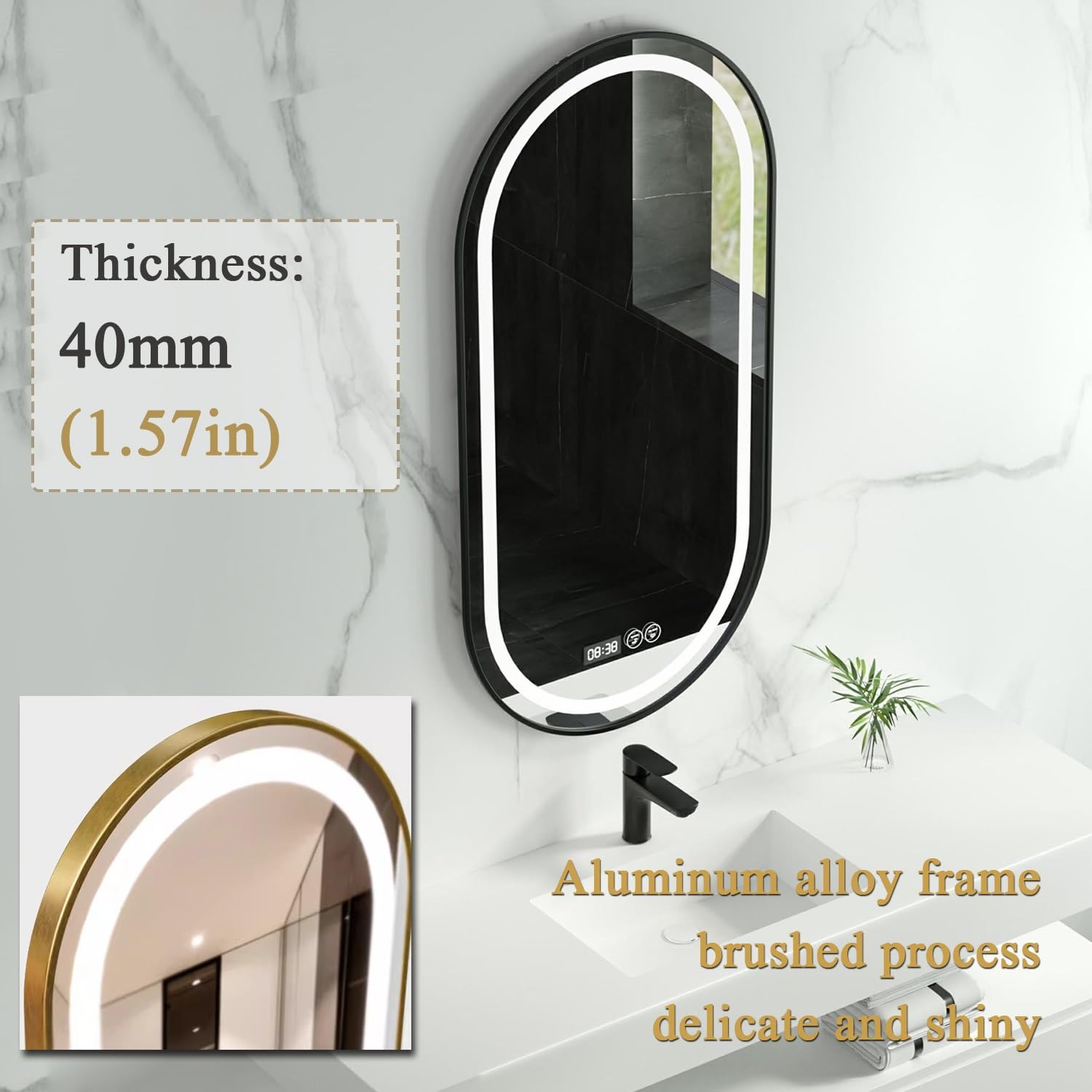 Owalne lustro łazienkowe LED, 3 kolory, bezstopniowe ściemnianie, przeciwmgielne, podświetlane, metalowa rama, montowane na ścianie, lusterko do golenia, czarne, 50 x 80 cm (19,7 x 31,5 cala)