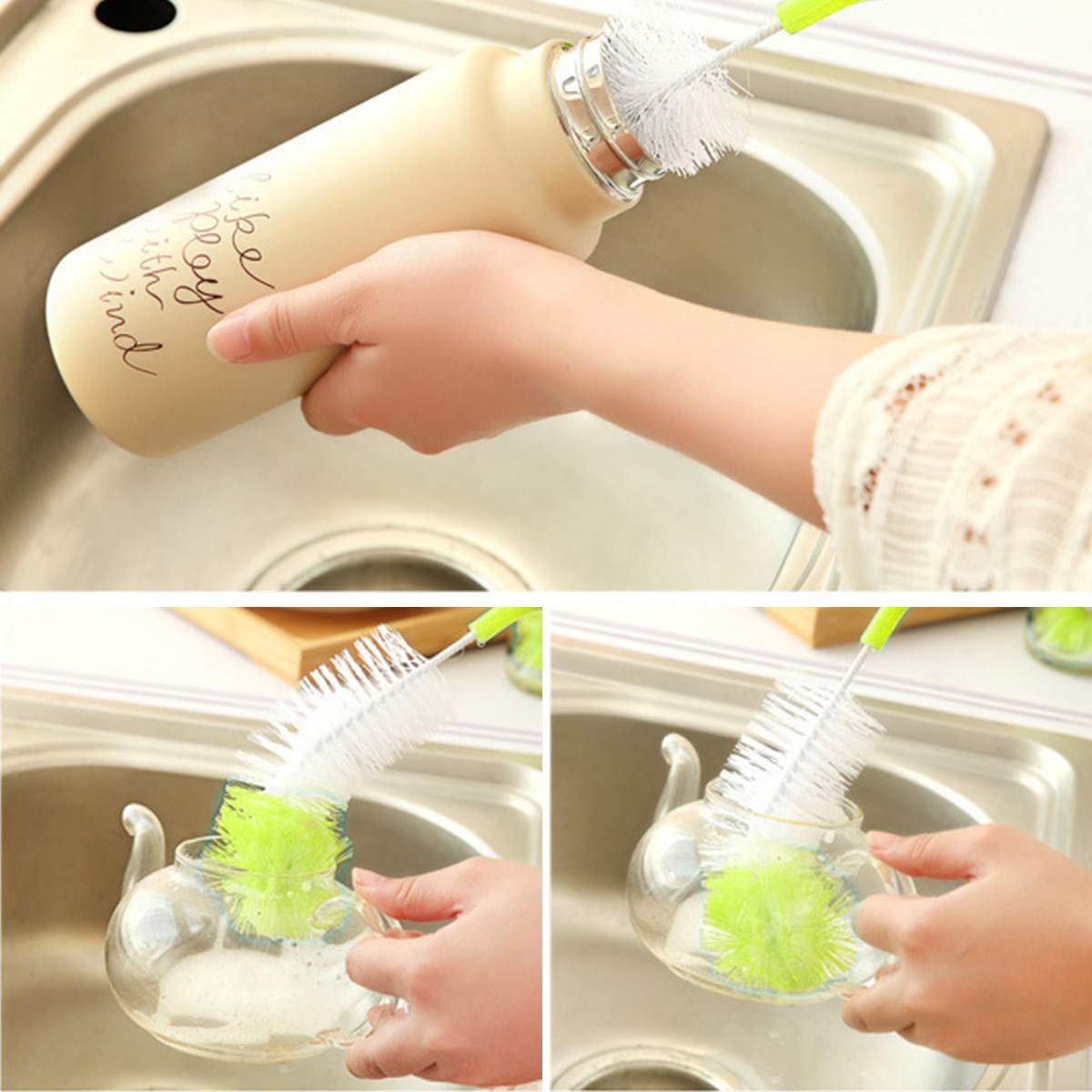 Brosse De Nettoyage Pour Bouteilles Avec Long Manche Et Tête éponge - Lot De 2 Tailles (38 Cm Et 26 Cm) - Pour Récipients à Col étroit