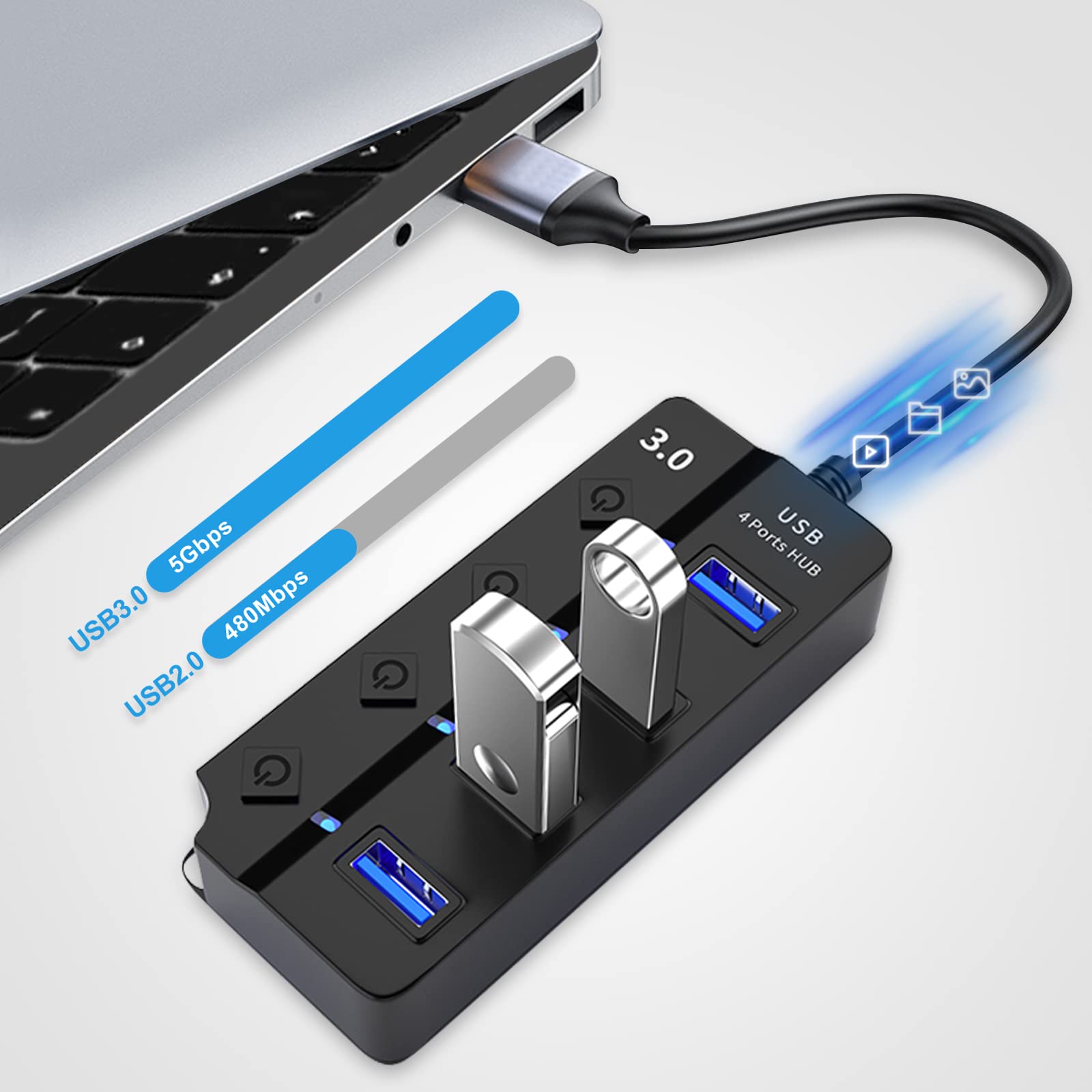 HORJOR Hub USB Sdoppiatore Multi Porta Con Interruttore Separato e Spie LED, 4 Porte USB, Alimentato Con 1 Porte USB 3.0 & 3 Porta USB 2.0, per Veloce Trasferimento Dei Dati & Ricarica