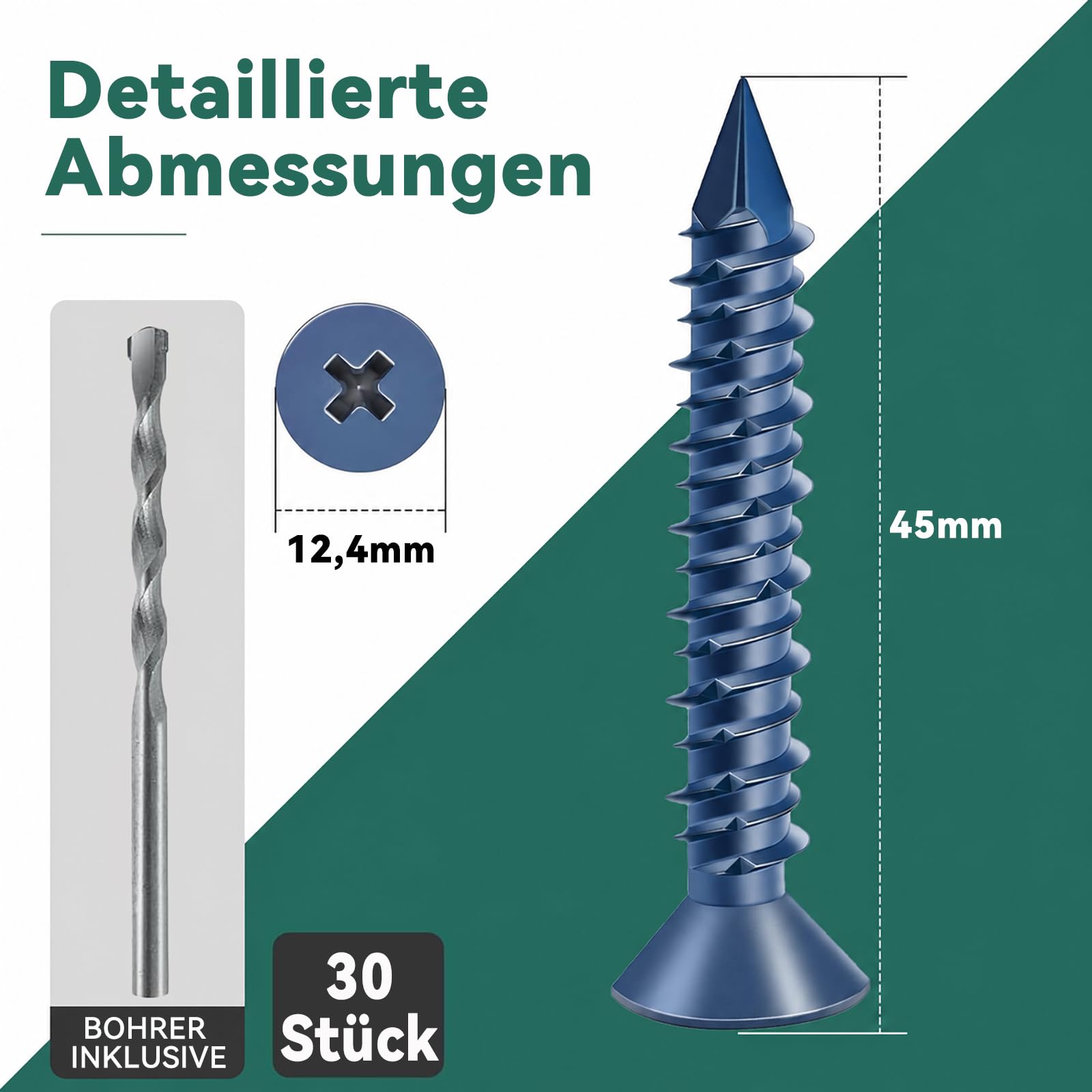 DAYALO Viti per calcestruzzo M6,5 x 45 mm, 30 pezzi, a testa svasata a croce, zincate blu, ancoraggio per calcestruzzo e viti da muro, senza tasselli, con trapano e punta, per calcestruzzo, mattoni