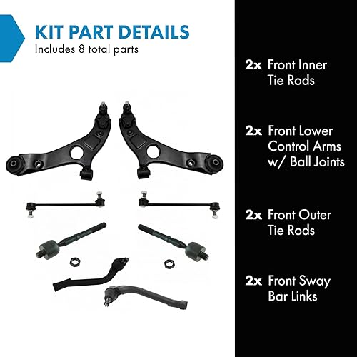 Miniatura 2 de TRQ Kit de dirección y suspensión de 8 piezas, extremos de barra de acoplamiento, brazos de control, rótulas, barra estabilizadora