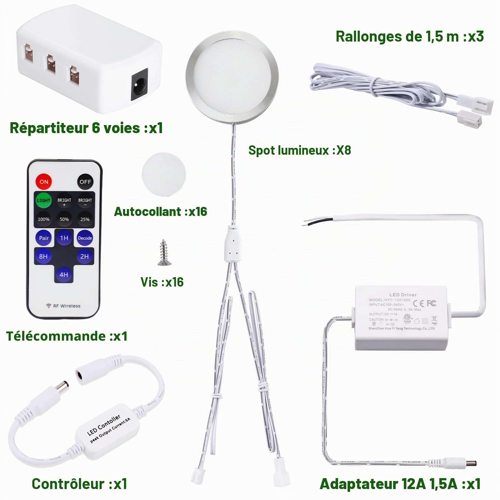 AIBOO Lot de 8 spots LED à intensité variable, ultra fins, 230 V, avec télécommande, éclairage d'armoire durable, avec câblage fixe, pour cuisine, blanc chaud