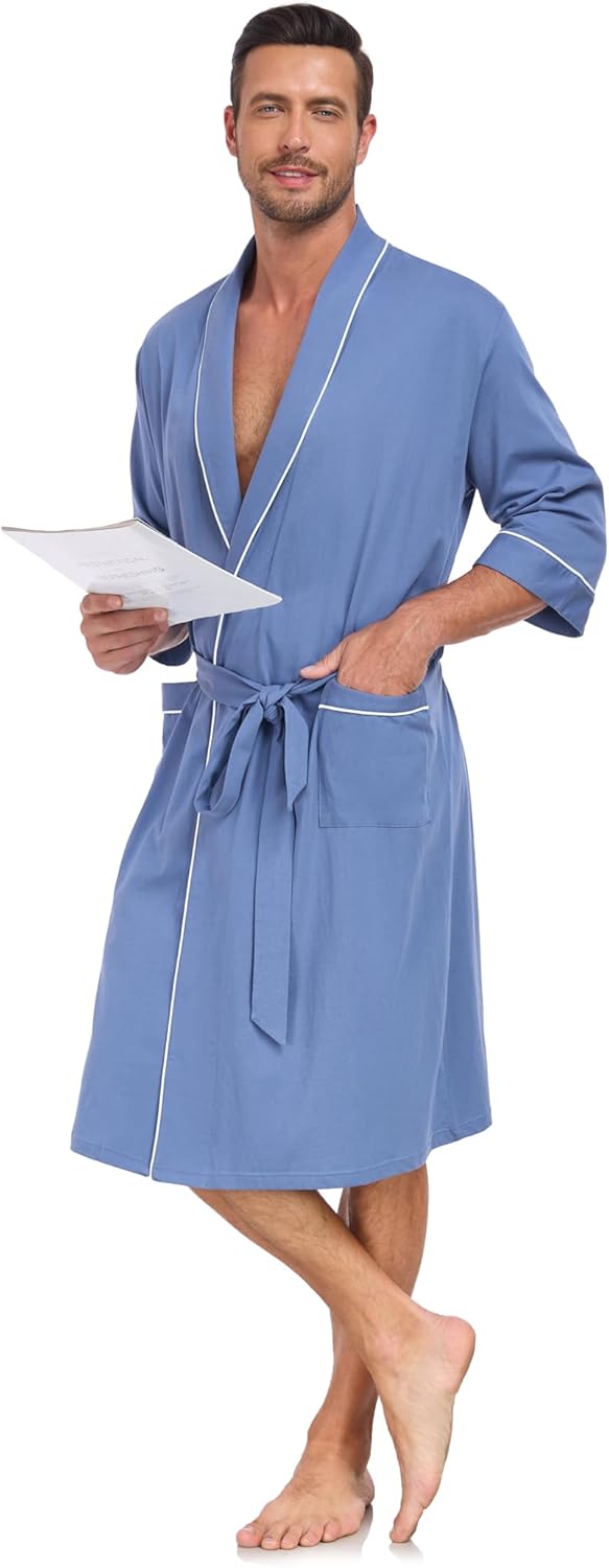 COLORFULLEAF 100% Cotton Men's Bathrobes Lightweight Soft Comfort Breathable Short Sleeve Knit Spa Robe with pockets - Image 7