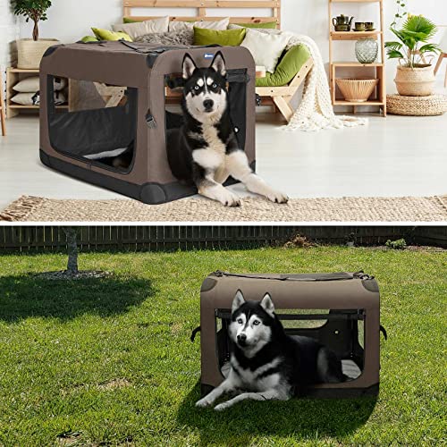 Veehoo Folding Soft Dog Crate, 3-Door Pet Kennel For Crate-Training Dogs, 5 X Heavy-Weight Mesh Screen, 600D Cationic Oxford Fabric, Indoor & Outdoor Use, 36", Brown #TOP6